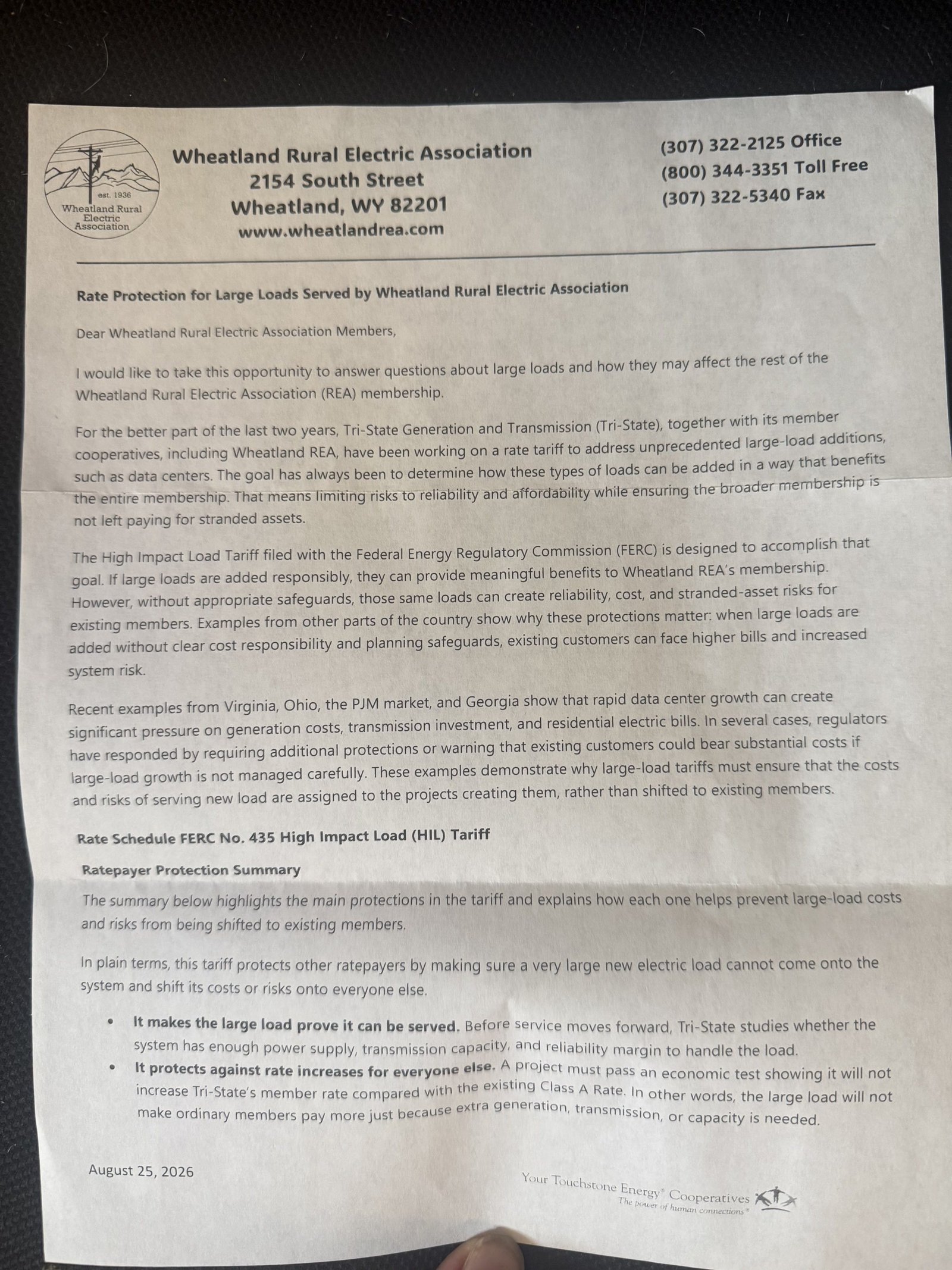 Page 1 of the Wheatland Rural Electric Association member letter dated August 25, 2026