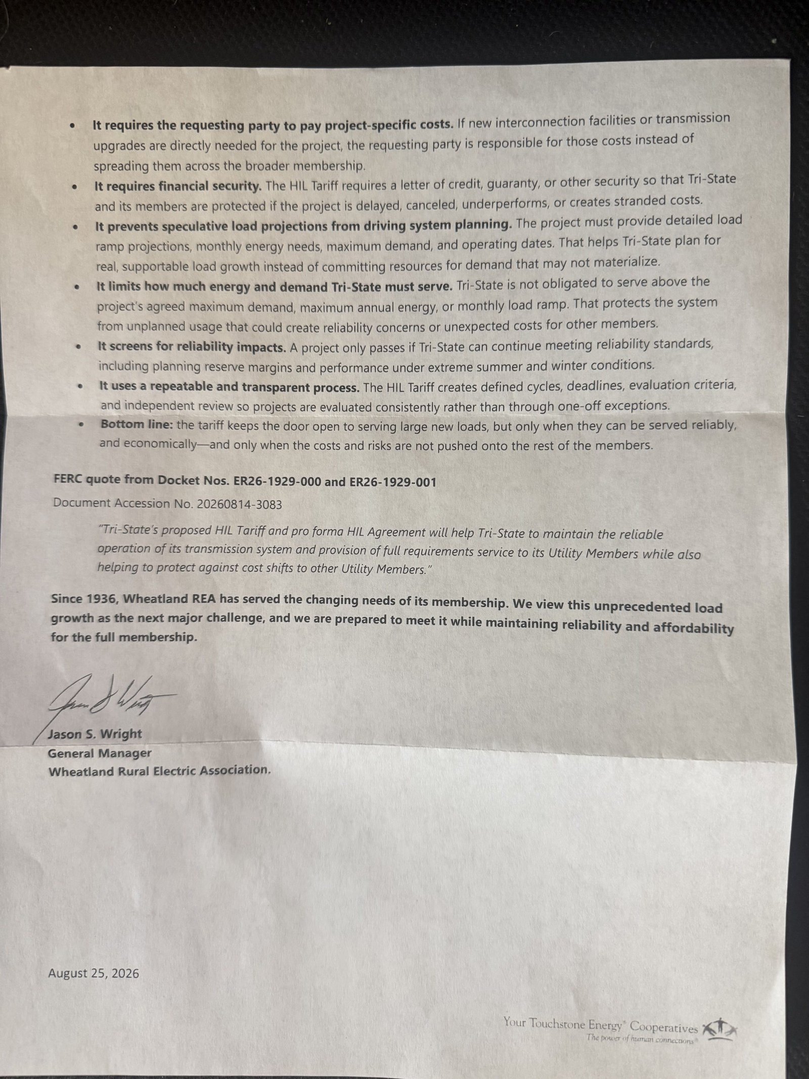 Page 2 of the Wheatland Rural Electric Association member letter dated August 25, 2026